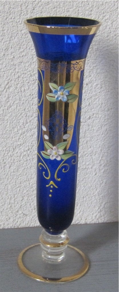 Antiek  blauw vaasje - Murano glas met opgelegde bloemen, Ophalen of Verzenden