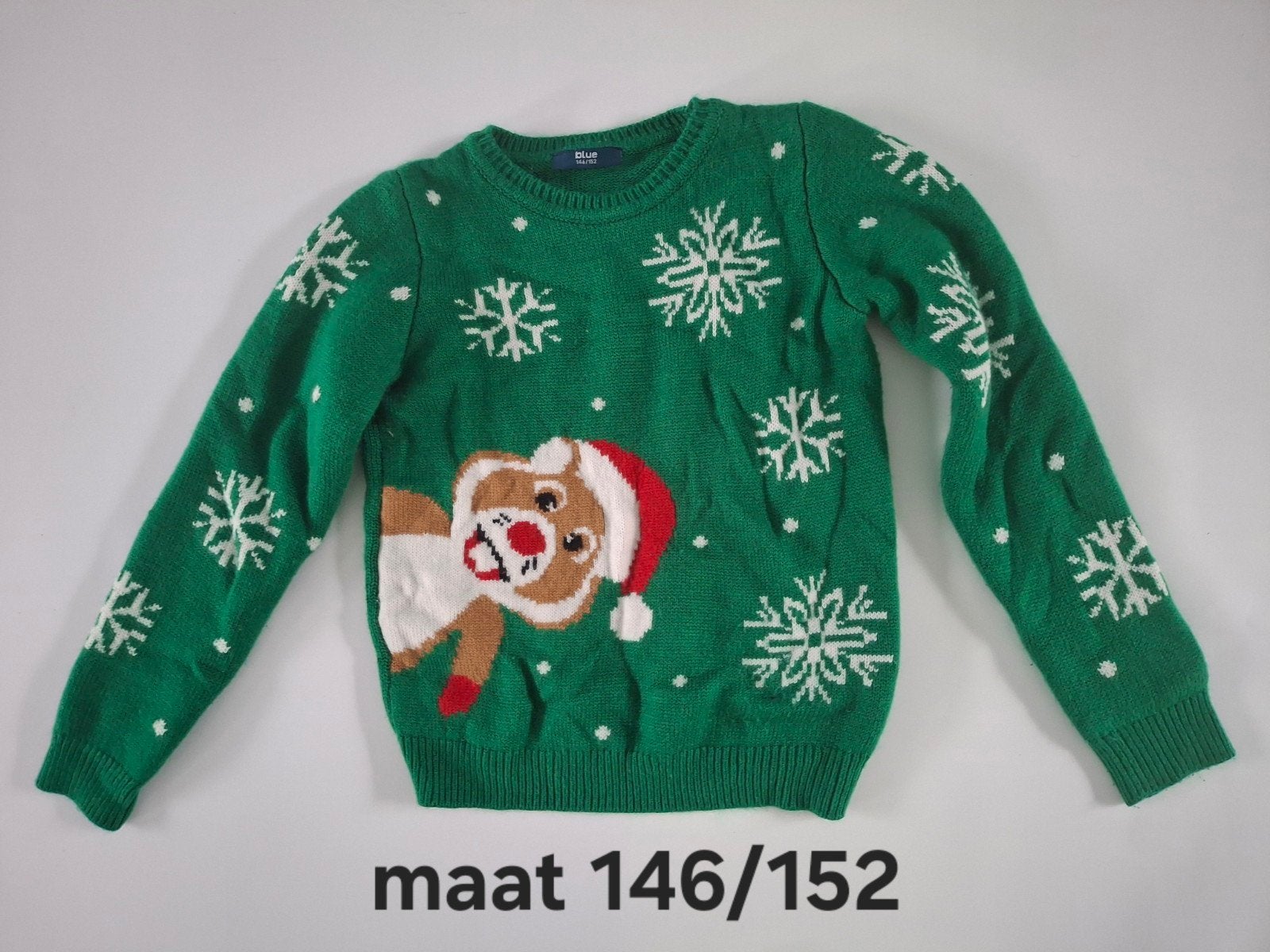 Kersttrui Groen met Rendier en Sneeuwvlokken Maat 146/152, Gebruikt, Jongen of Meisje, Trui of Vest, Ophalen of Verzenden