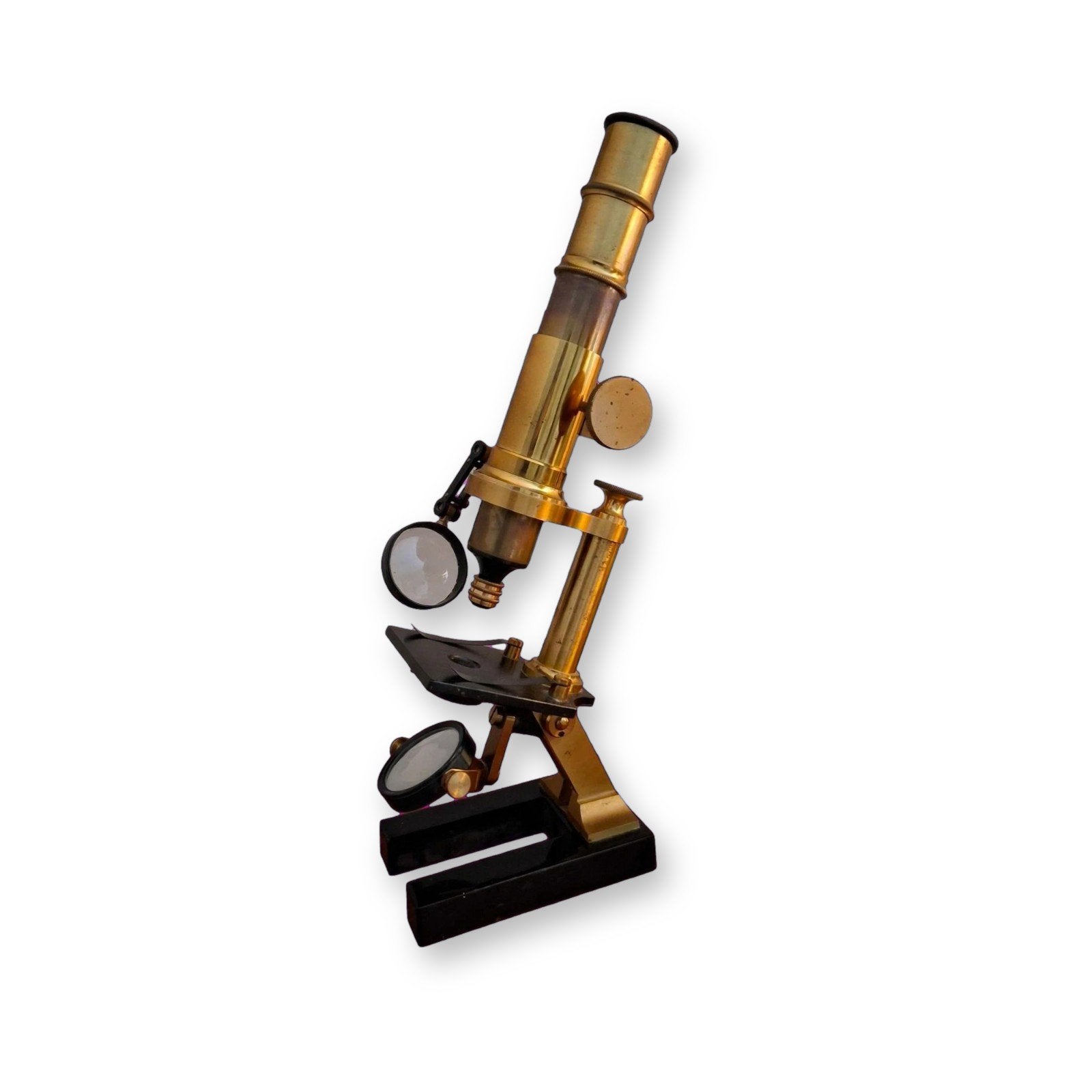 Antieke Messing Microscoop met Zwarte Voet en 2 Loepen, Antiek en Kunst, Ophalen of Verzenden