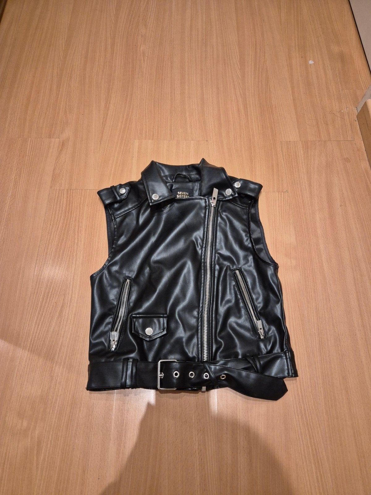 Zwart leren biker gilet maat S, Seven Sisters, Zwart, Ophalen of Verzenden, Zo goed als nieuw