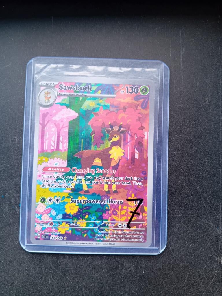 Pokémon Sawsbuck 166/162 Full Art - Obsidian Flames, Ophalen of Verzenden, Zo goed als nieuw, Losse kaart, Foil
