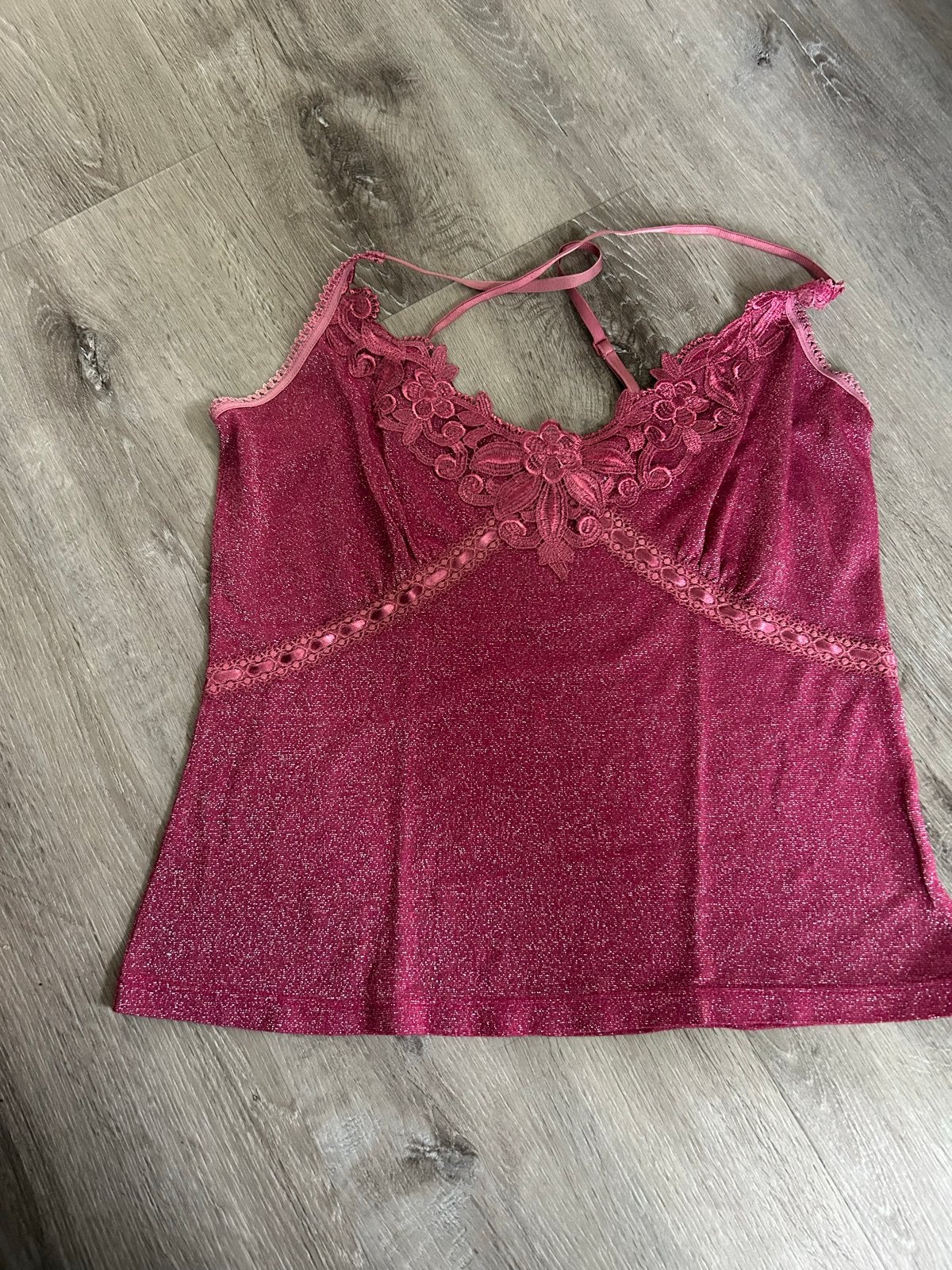 Roze glitter top met kanten details - maat L, Kleding | Dames, Tops, Ophalen of Verzenden, Roze, Gedragen, Maat 36 (S)
