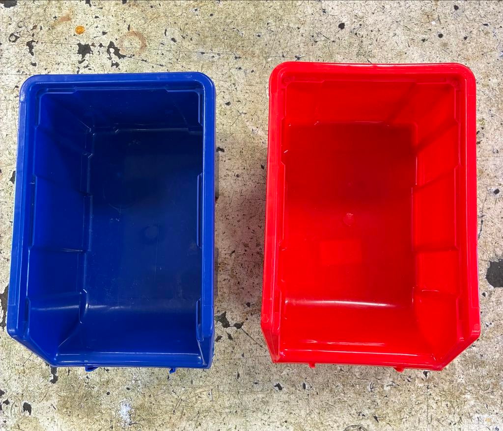 24 Opbergbakjes (12 rood, 12 blauw) - Ophangbaar, Doe-het-zelf en Verbouw, Kratten en Dozen, Gebruikt, Minder dan 50 cm, Ophalen of Verzenden