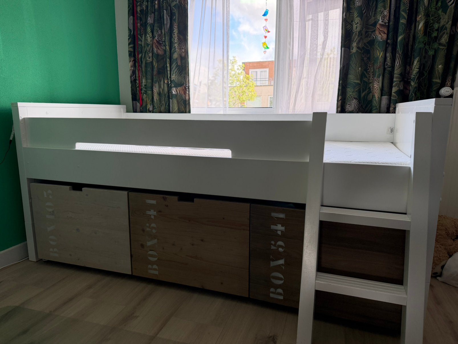 Bopita bed halfhoogslaper 90x200 mix& match met opberglades, Ophalen, 85 tot 100 cm, Gebruikt, Matras