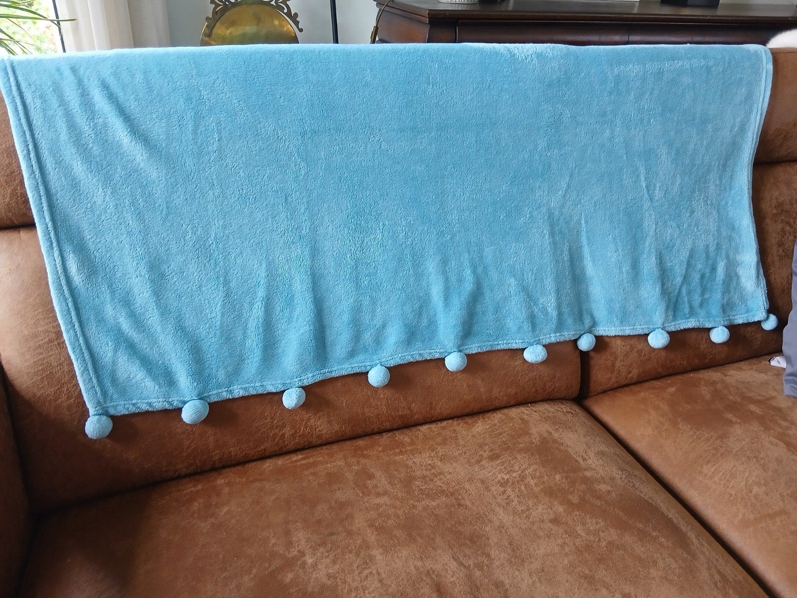 Zacht blauw plaid met pompons, Overige merken, Blauw, Ophalen of Verzenden, Zo goed als nieuw