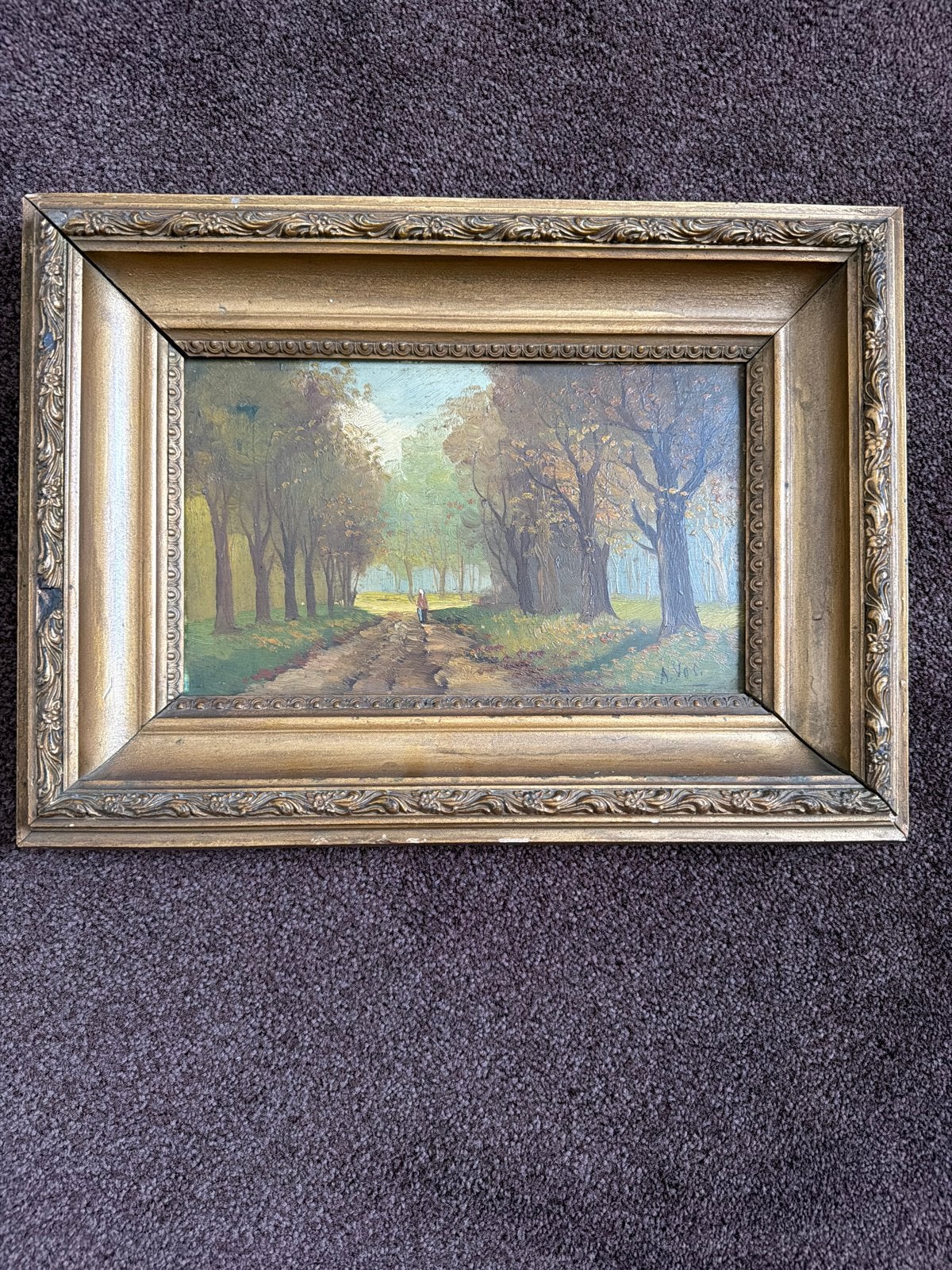 Klein Olieverfschilderij Landschap van A. Vos ca 1920, Antiek en Kunst, Kunst | Schilderijen | Klassiek, Ophalen, Paneel, Gesigneerd
