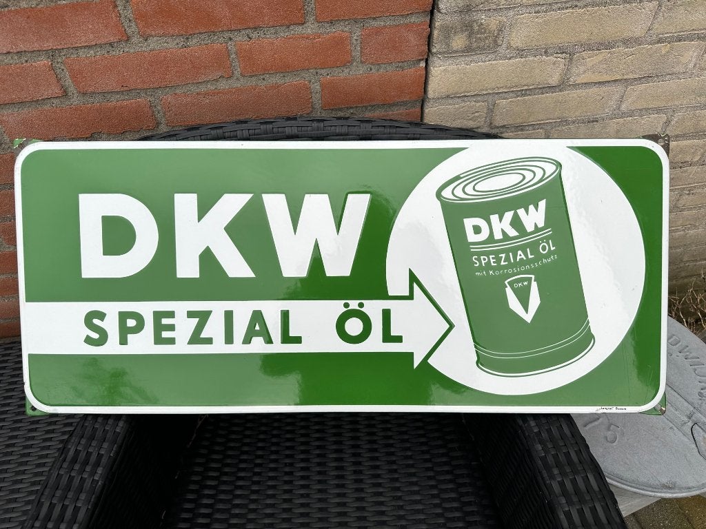 Schitterend emaille DKW olie bord. Langcat Bussum., Verzamelen, Ophalen of Verzenden, Gebruikt, Reclamebord