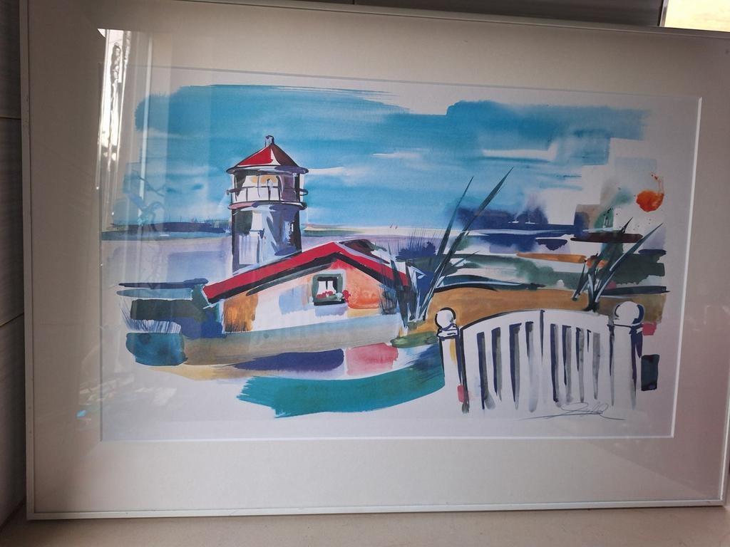 Prent vuurtoren, strand in lijst.DALEN,DRENTHE, Antiek en Kunst, Kunst | Schilderijen | Modern, Ophalen