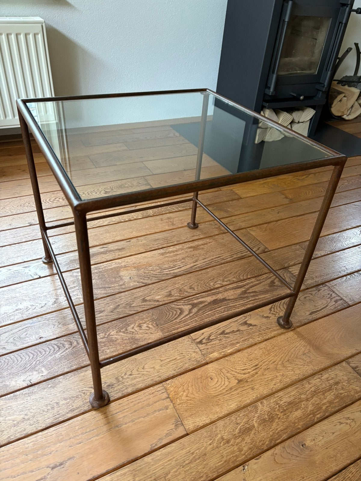 Twee metalen salontafeltjes met glasplaat in bronskleur, Minder dan 55 cm, Gebruikt, Metaal of Aluminium, Vierkant