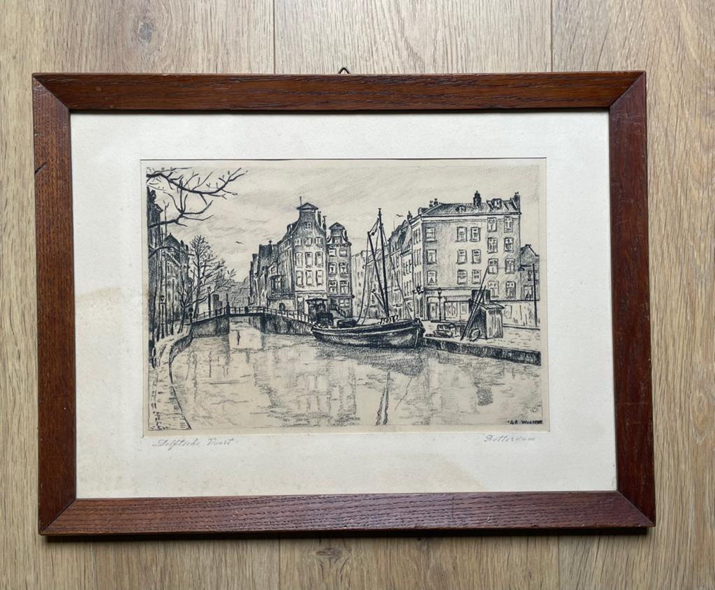 Zwartkrijttekening ‘Delftsche Vaart Rotterdam'  A.B. Warner, Ophalen of Verzenden