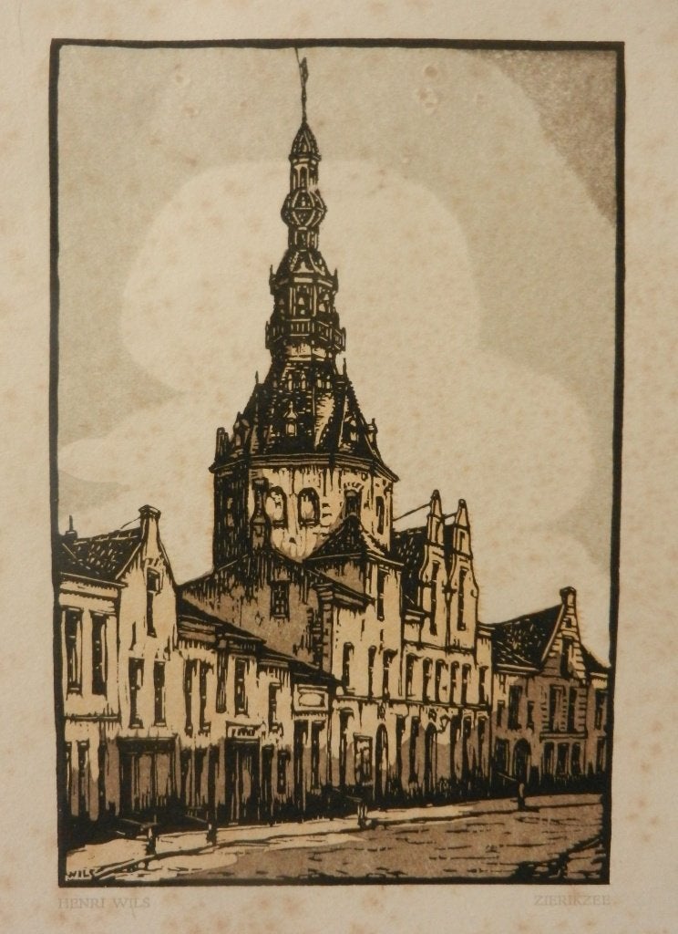 Houtsnede Stadhuis Zierikzee Henri Wils (1892-1967) 18x12 cm, Stadsgezicht, Ophalen of Verzenden, 12 cm, Houtsnede