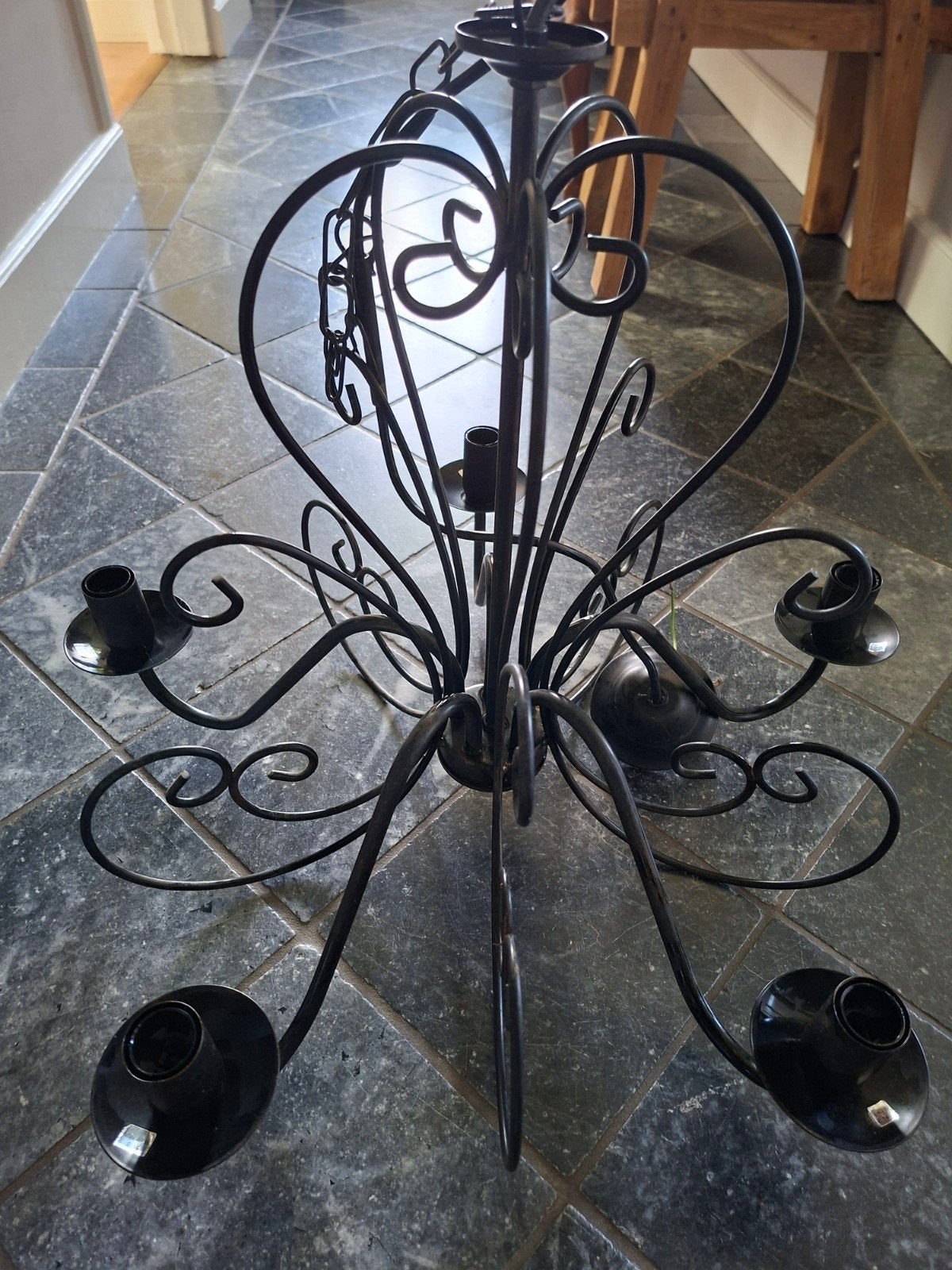 Zwartbruine metalen kroonluchter met 5 armen, Ophalen, Gebruikt, Metaal, Klassiek, Landelijk