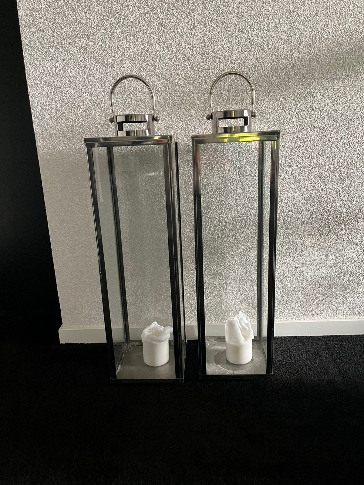 2 Windlichten chrome 65 cm, Ophalen, Lantaarn, 65 cm, Zilver