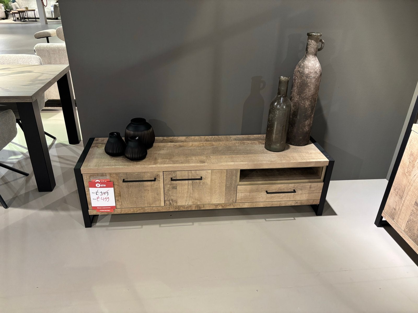 TV-meubel Abbey - Zandkleurige melamine met 2 lades, Ophalen, 150 tot 200 cm, Zo goed als nieuw, Minder dan 100 cm