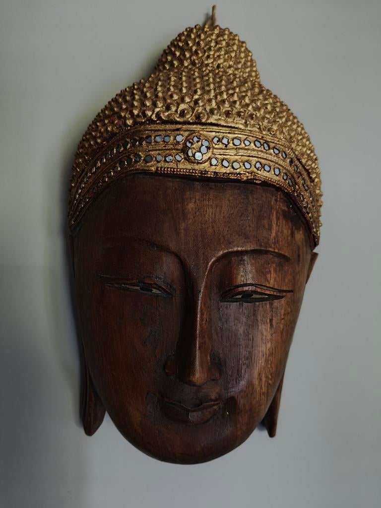 Houten Thaise Boeddha masker - Handgemaakt uit Thailand, Huis en Inrichting, Woonaccessoires | Boeddhabeelden, Ophalen of Verzenden