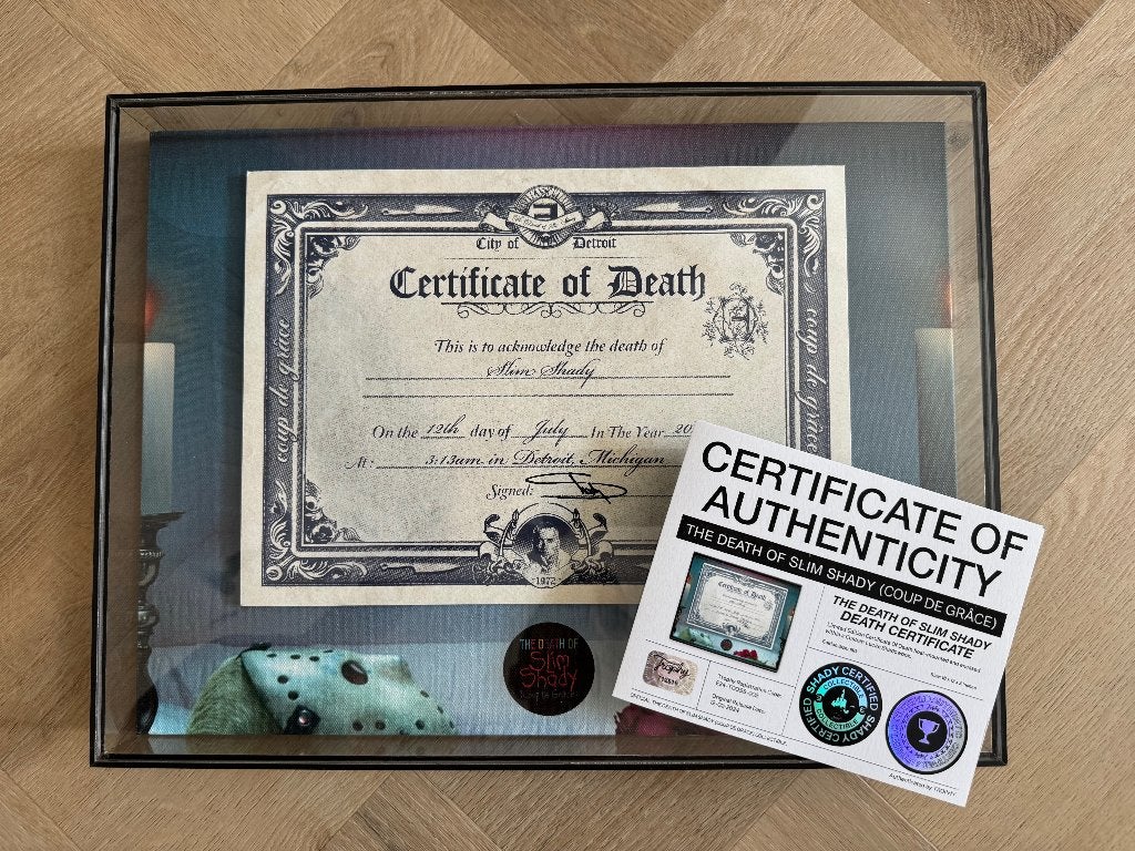 Eminem - TDOSS Death Certificate Shadow Box (SIGNED), Ophalen, Nieuw, Poster, Artwork of Schilderij, Gesigneerd
