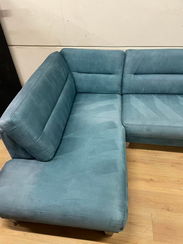 Mooie luxe suede blauwe petrol H&H u bank - GEREINIGD!!!, Huis en Inrichting, Banken | Bankstellen, Ophalen, Luxe, Hoekbank, 300 cm of meer