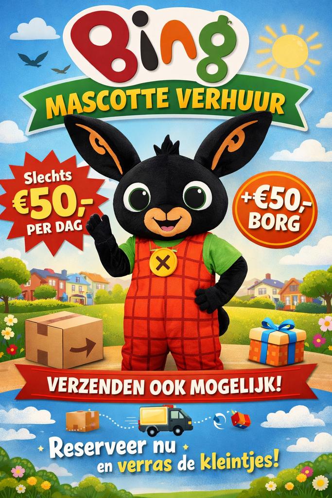 Bing Mascotte Verhuur - Verras de Kleintjes!, Hobby en Vrije tijd, Feestartikelen, Zo goed als nieuw, Kostuum, Verjaardag, Ophalen of Verzenden