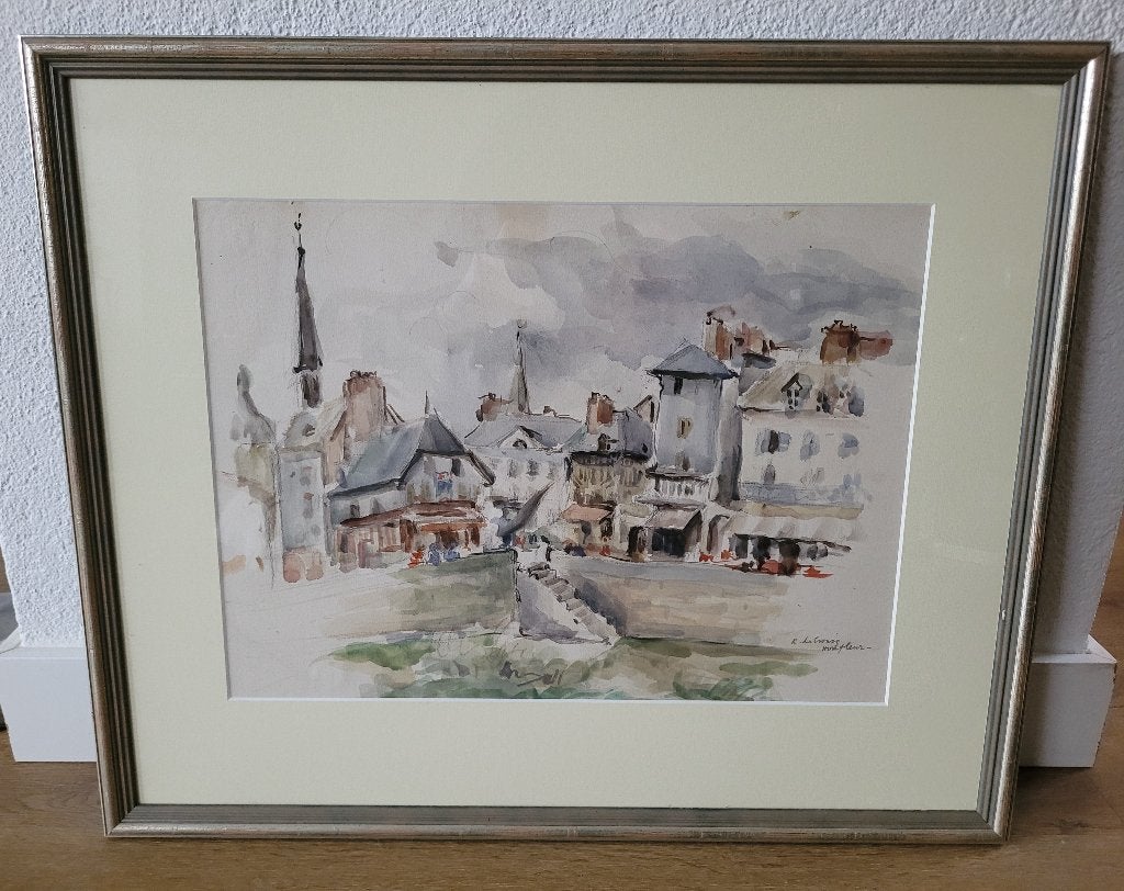 Aquarel van Honfleur gesigneerd r.o. mooi ingelijst, Antiek en Kunst, Ophalen of Verzenden