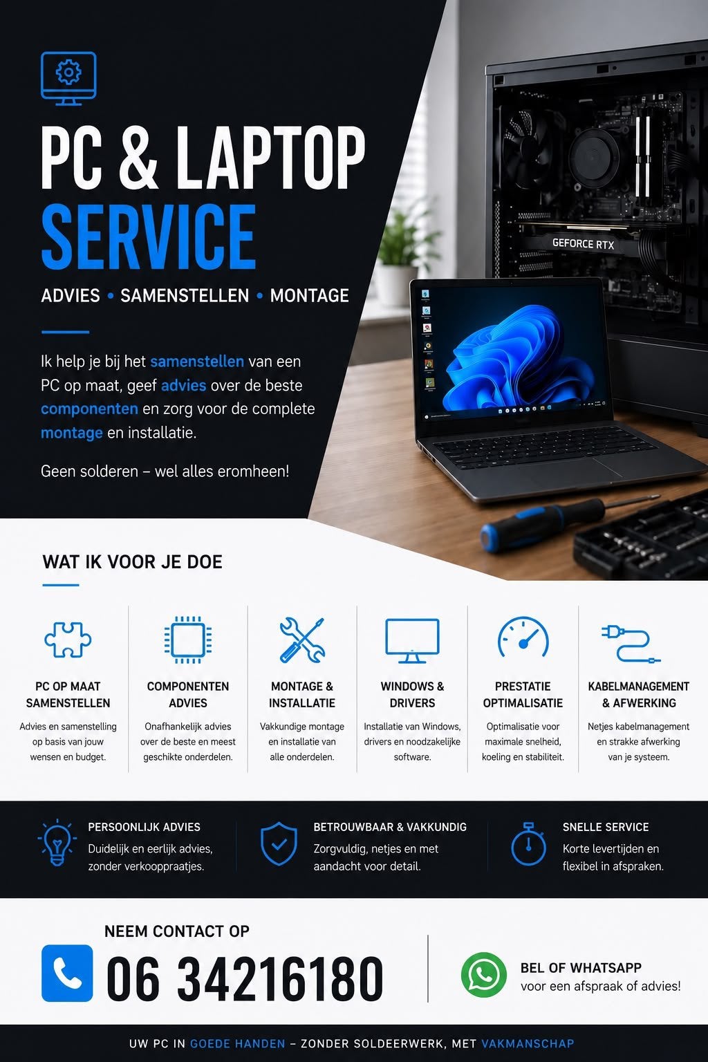 PC & Laptop Reparatie, Maatwerk PC’s, Advies & Montage, Ophalen, Zo goed als nieuw, 4 Ghz of meer, SSD