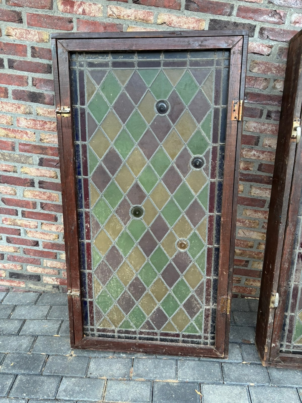 Antieke glas-in-lood ramen in houten kozijnen – set van 2, Ophalen, Zo goed als nieuw, Gevelraam of Ruit, Minder dan 80 cm