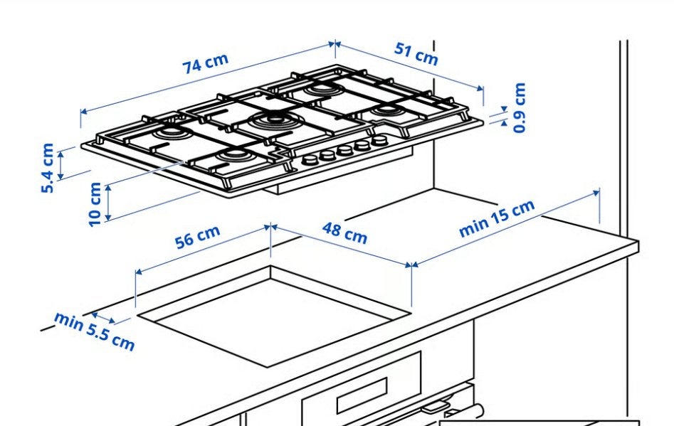 VASASTAN Gaskookplaat, IKEA 700 glas/zwart, 74 cm, Witgoed en Apparatuur, Kookplaten, Ophalen, Zo goed als nieuw, Inbouw, Gas