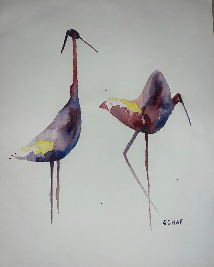 Abstracte aquarel kraanvogels, Ophalen of Verzenden