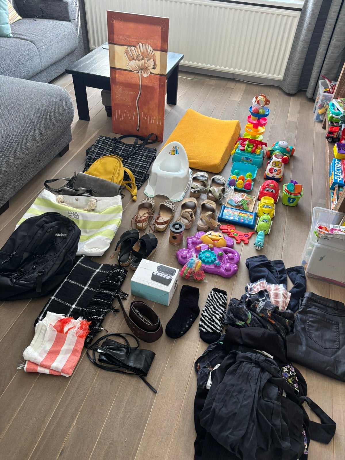 Partij diverse rommelmarkt spullen, kinderspeelgoed, tassen, Ophalen, Gebruikt