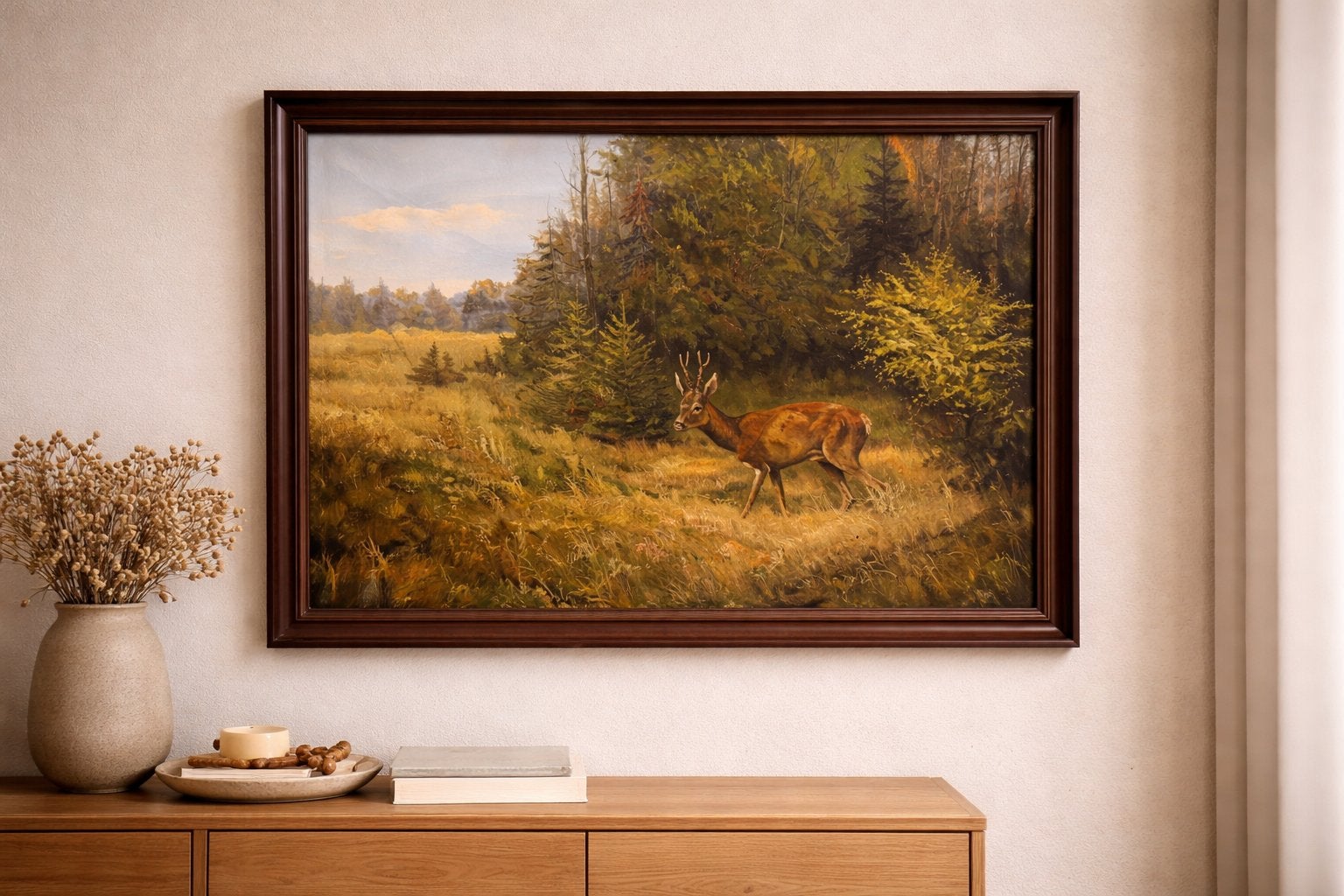 Schilderij Martin Larsen - Ree in bosrijke omgeving, Ophalen, Doek, Realistisch, Dieren