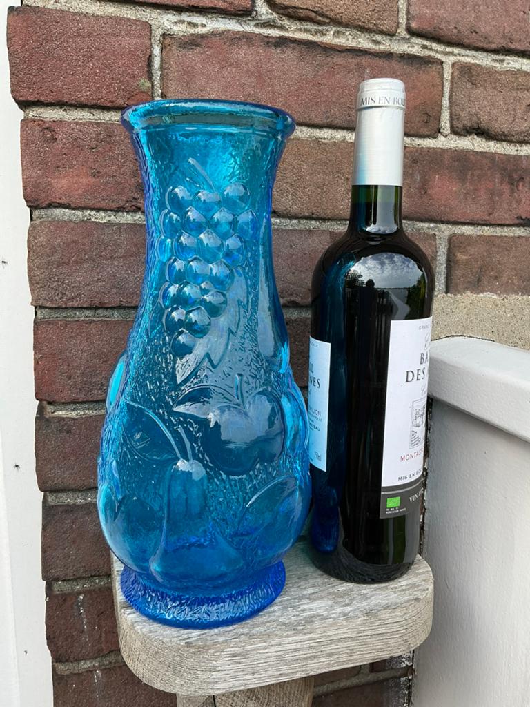 Vaas of karaf v turquoise blauw Empoli glas Met fruit dessin, Ophalen of Verzenden