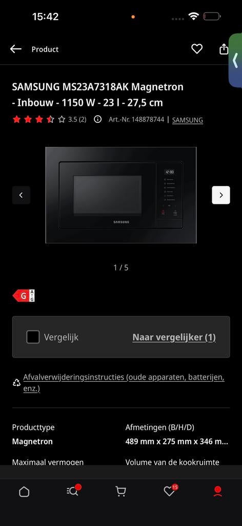 Samsung MS23A7318AK Inbouw Magnetron - 23L, 1150W, Ophalen, Nieuw, Combi-oven, Inbouw