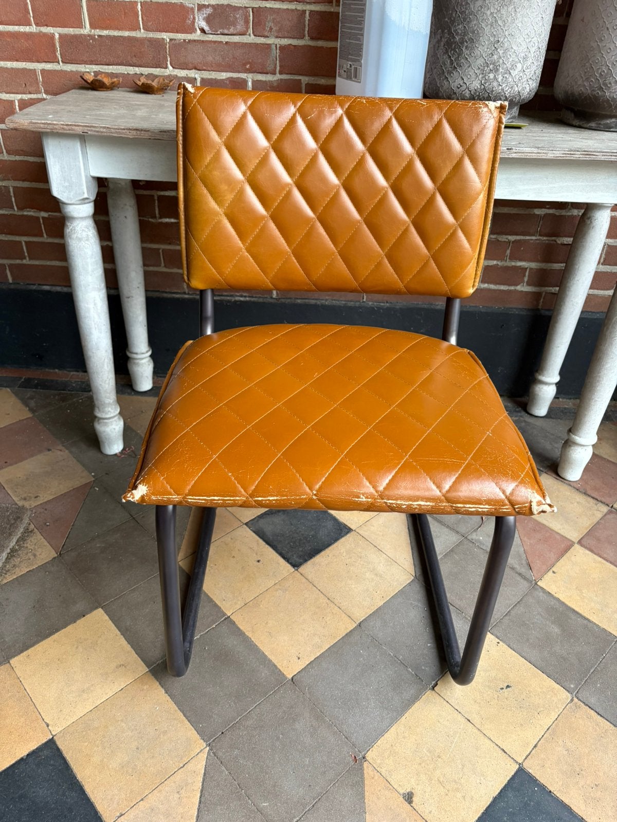 Stoel cognac bruin met zwart metaal buisframe, Ophalen, Gebruikt, Bruin, Leer