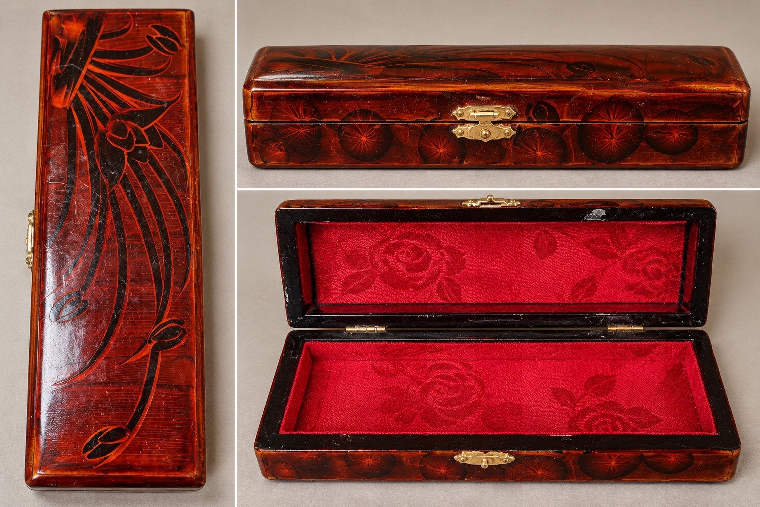 Vintage houten sieradendoosje met rood fluweel – decoratief, Ophalen of Verzenden