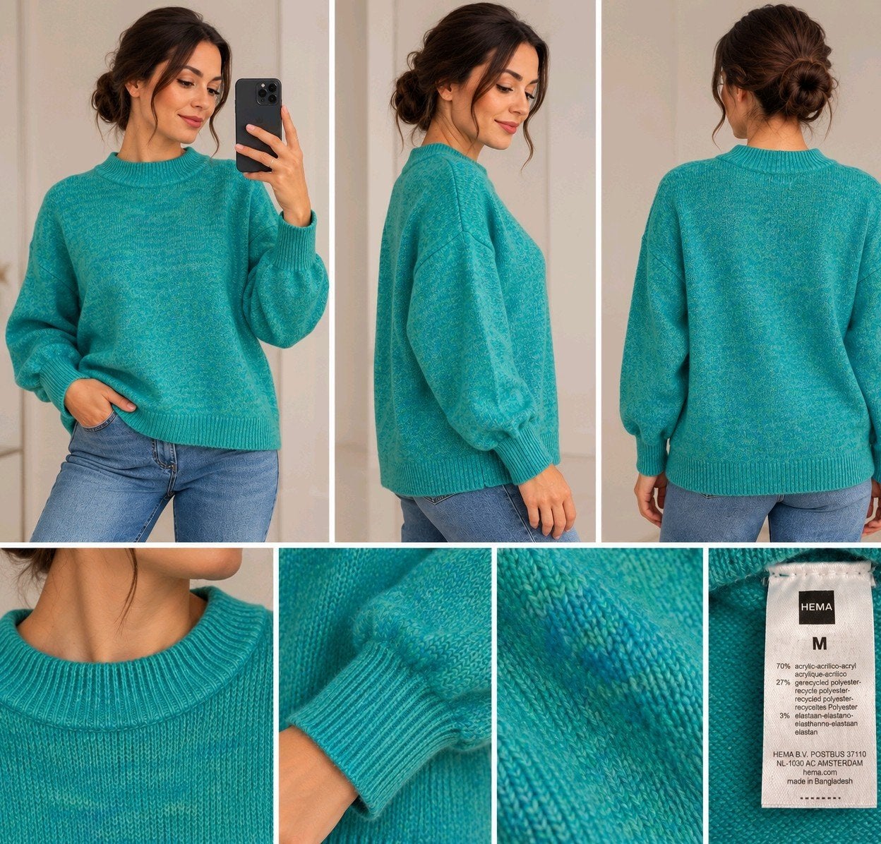 HEMA Gebreide Trui M - Gemêleerd Turquoise Nieuw, Maat 38/40 (M), Blauw, Nieuw, Ophalen of Verzenden