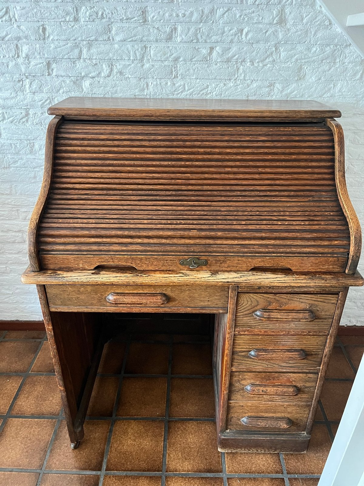 Antiek secretair/rolluikbureau met slot en lades op wieltjes, Antiek en Kunst, Ophalen