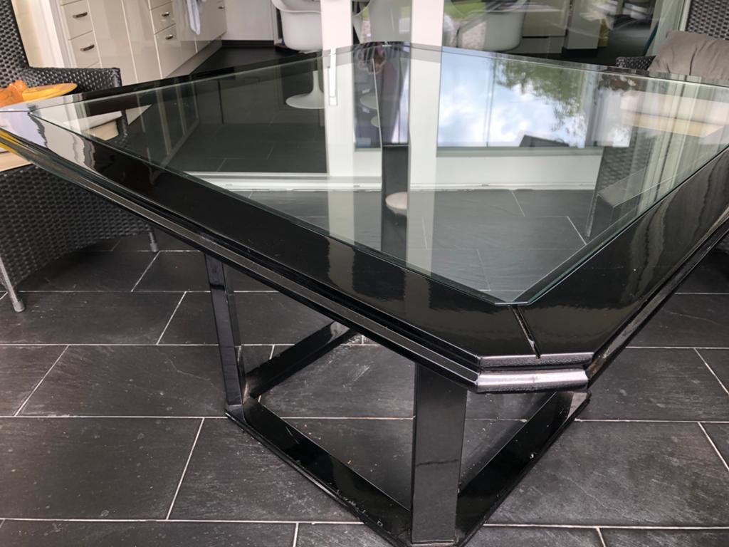 Italiaanse design eettafel, zwart lak met glasplaat, Ophalen, Glas, Vierkant, Zo goed als nieuw