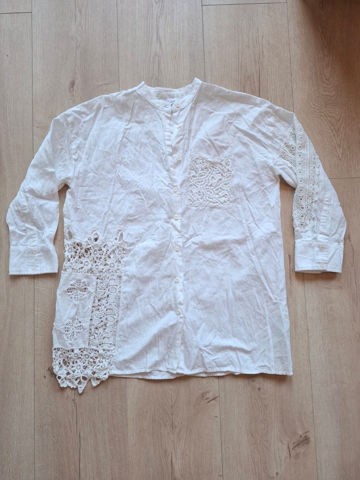 Mango witte linnen katoen blouse met kant | Boho Ibiza | S, Mango, Wit, Ophalen of Verzenden, Zo goed als nieuw