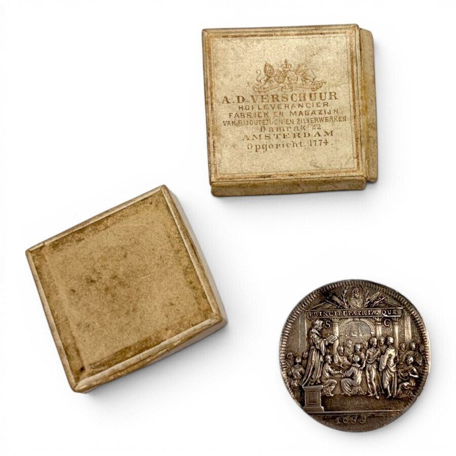 17e eeuwse vroedschapspenning, Kroning Willem III R'dam 1689, Ophalen of Verzenden, Zilver, Nederland