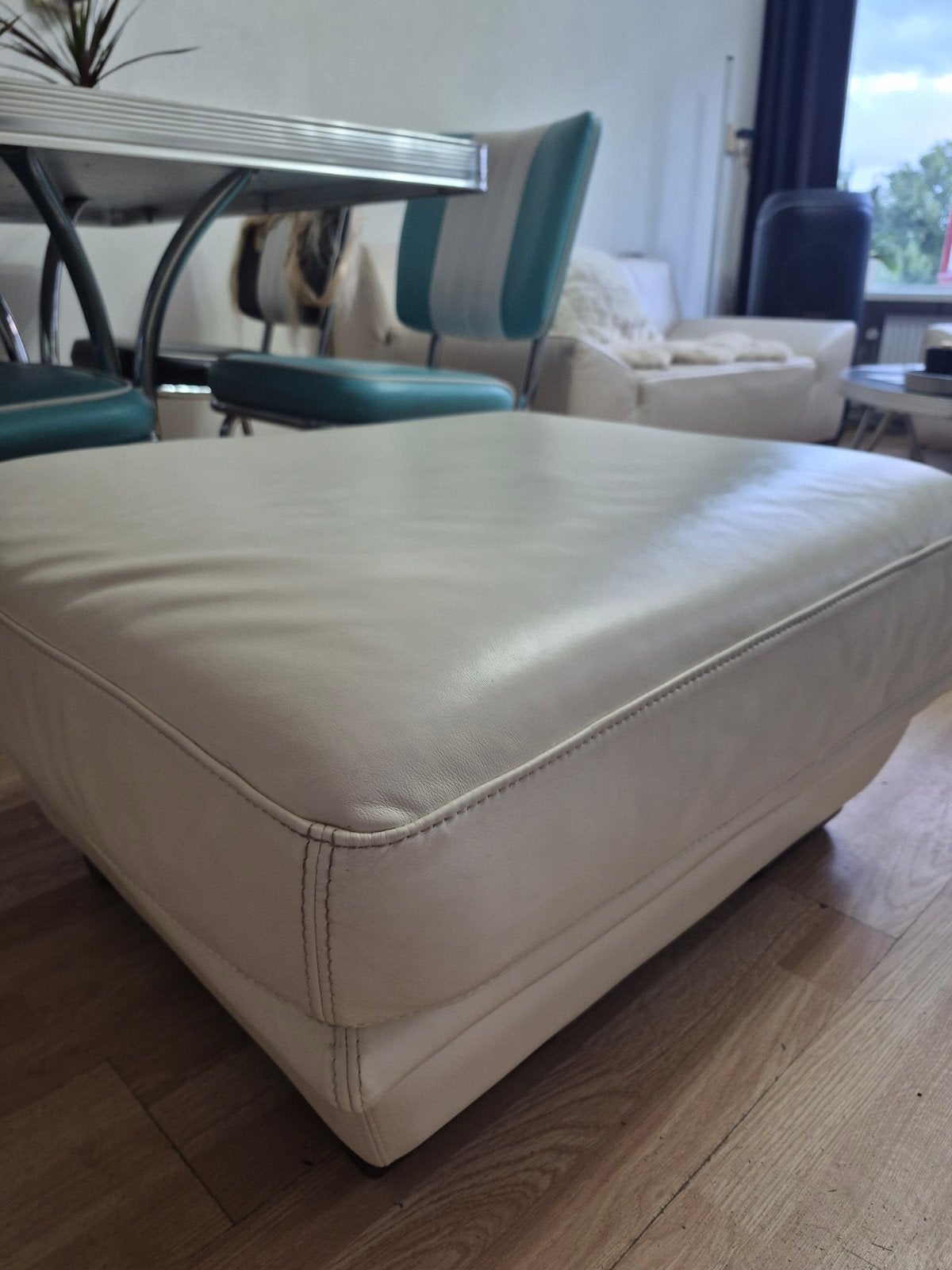 Mooie wit leren poef hocker creme wit, Ophalen, Rechthoekig
