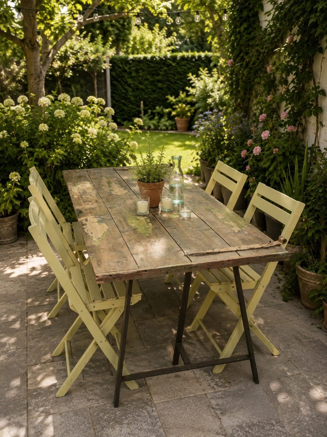 Serre- of tuintafel 73x170x71 cm met gratis stoeltjes, Ophalen, Gebruikt, Rechthoekig, Hout