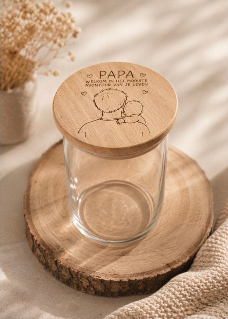 Snoep/koekpot voor papa - Welkom in het mooiste avontuur, Ophalen of Verzenden, Nieuw, Meerkleurig, Glas