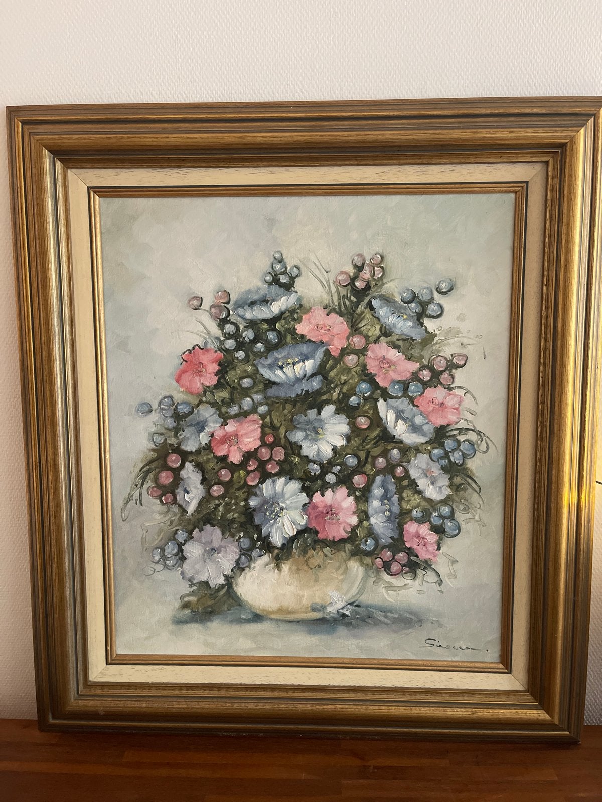 Groot Vintage Olieverf Bloemstilleven - gesigneerd., Ophalen, Doek, Stilleven, Gesigneerd