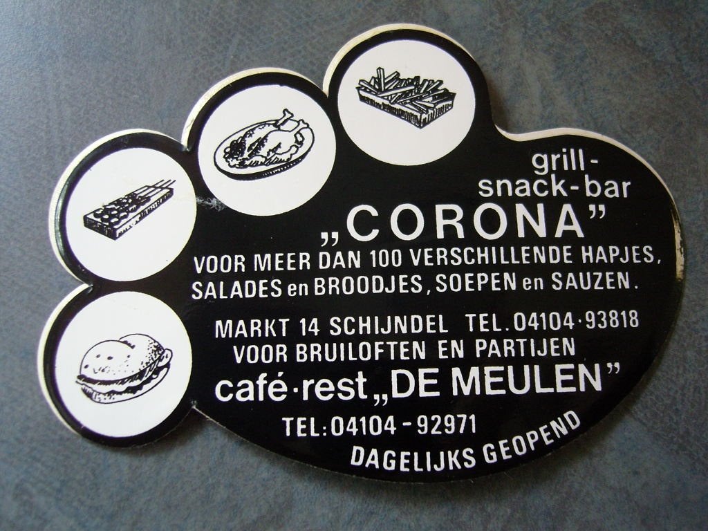 sticker schijndel grill snackbar CORONA café rest DE MEULEN, Ophalen, Zo goed als nieuw