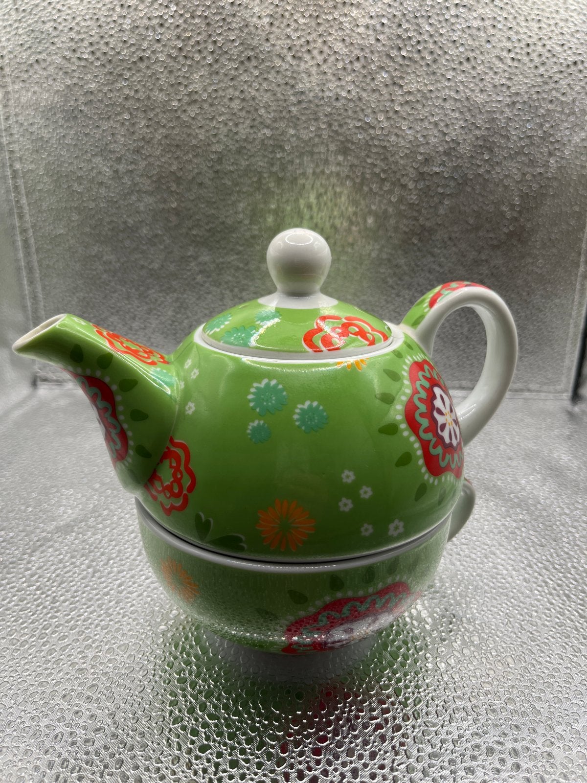 Groene theepot met kopje - Bloemenpatroon, Theepot/fluitketel, Ophalen of Verzenden, Steen/keramiek, Overige merken