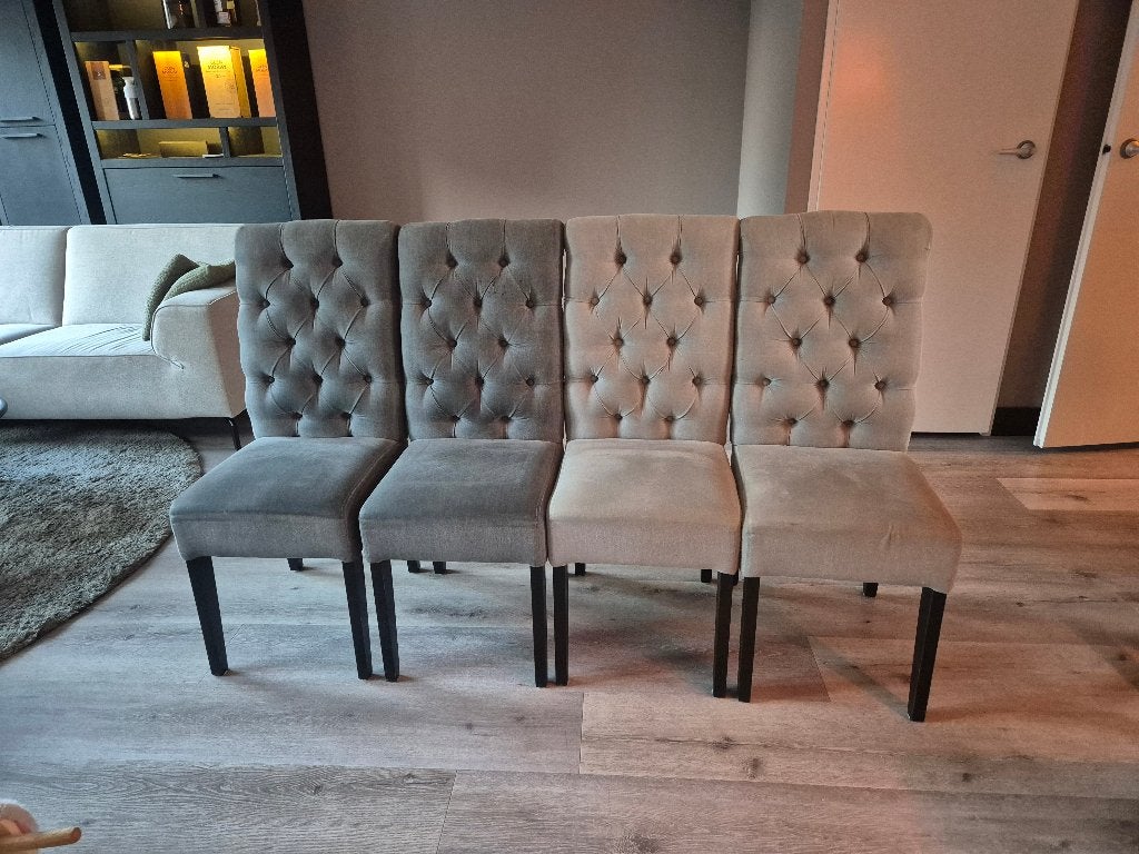 4 Eetkamerstoelen met ring, 2 kleuren stof, Huis en Inrichting, Ophalen, Gebruikt, Vier, Modern, Gecapitonneerd