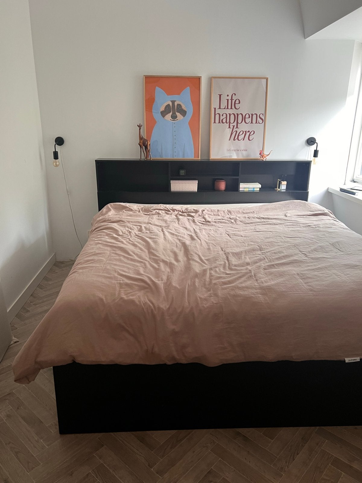 Ikea Brimnes bed met lades en hoofdeinde - Zwart, Huis en Inrichting, Ophalen, Zwart, Tweepersoons, Zo goed als nieuw
