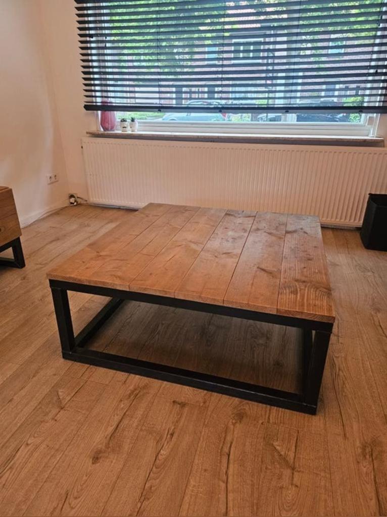 Salontafel steigerhout en staal, Gebruikt, 50 tot 100 cm, Vierkant, 50 tot 100 cm