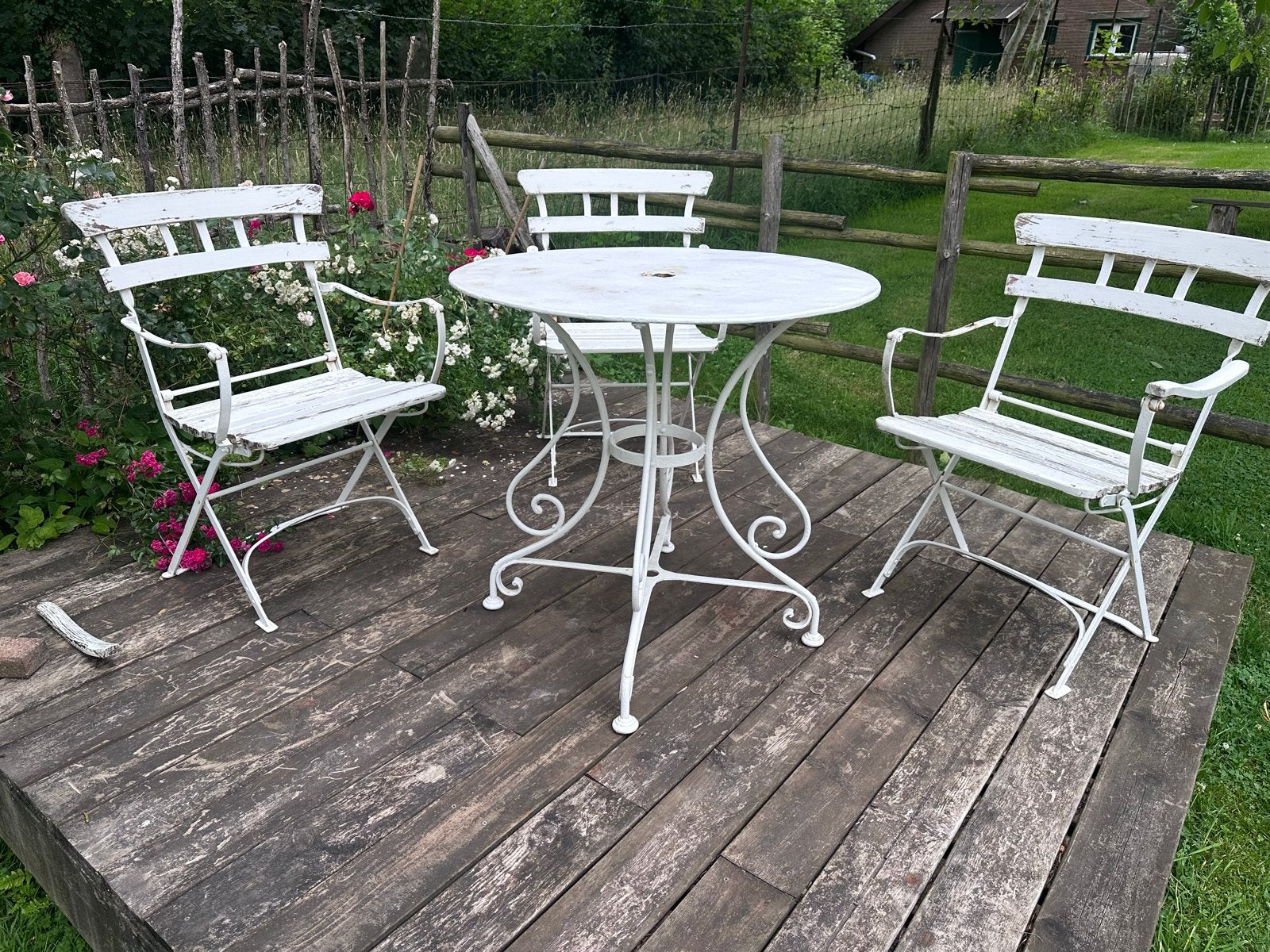 Vintage Witte Tuinset - Tafel met 3 Stoelen, Ophalen, Overige materialen, Gebruikt, Eettafel
