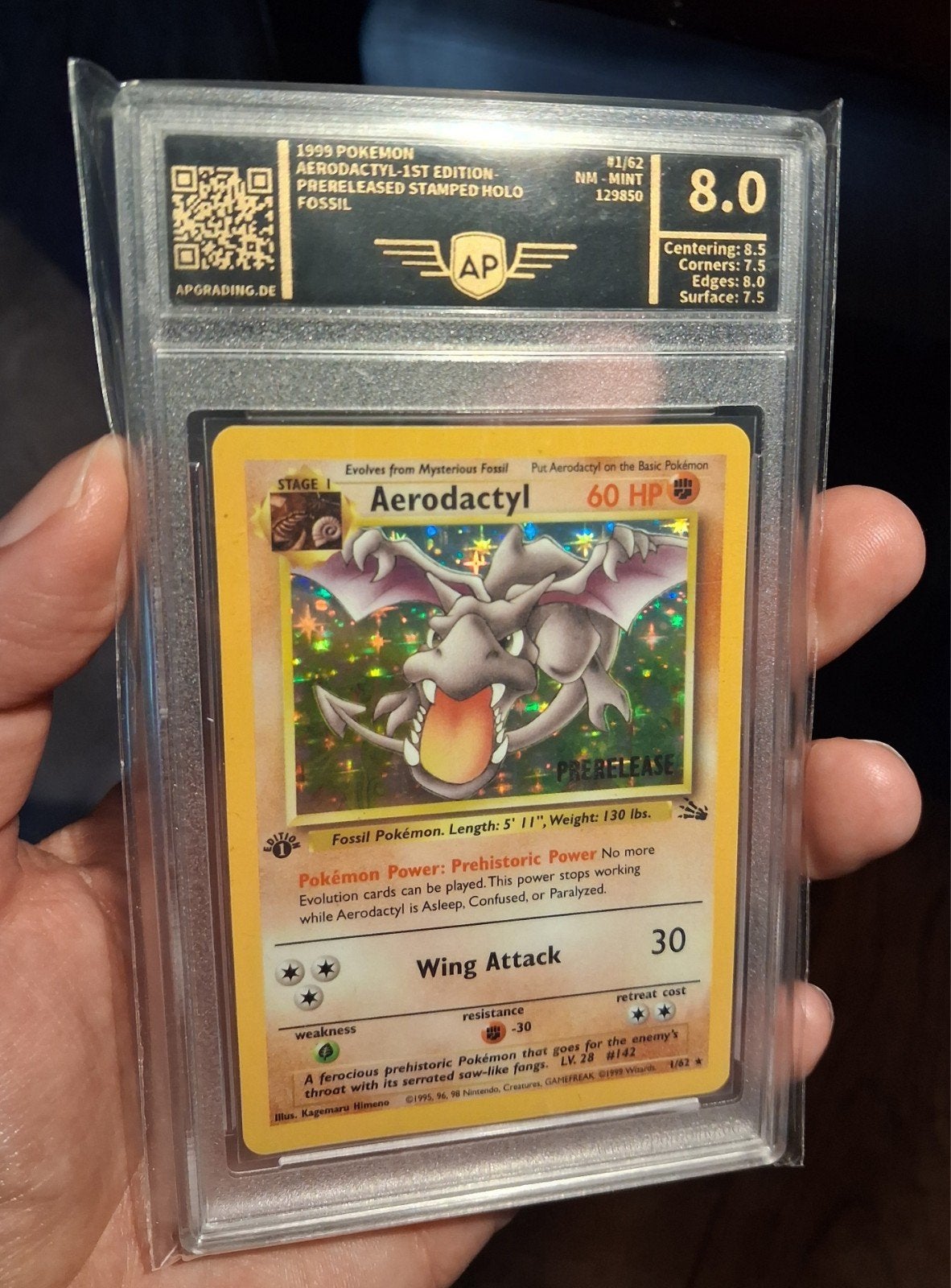 Aerodactyl 1/62 1st Edition Prerelease AP 8 PSA, Ophalen of Verzenden, Zo goed als nieuw, Losse kaart, Foil
