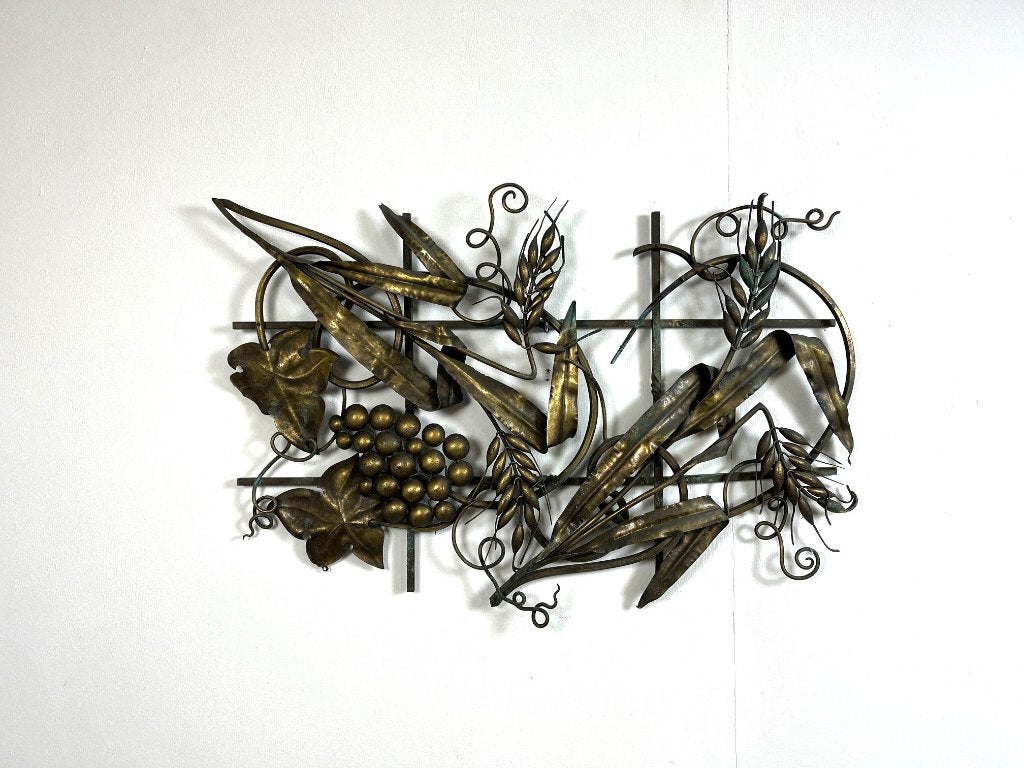 Messing wanddecoratie met druiven en korenschoof, jaren 1950, Ophalen of Verzenden, Gebruikt